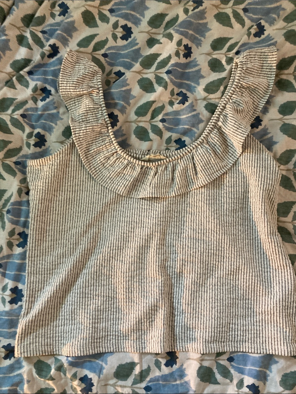Boden gray and White Striped Ruffle Scoop Tank